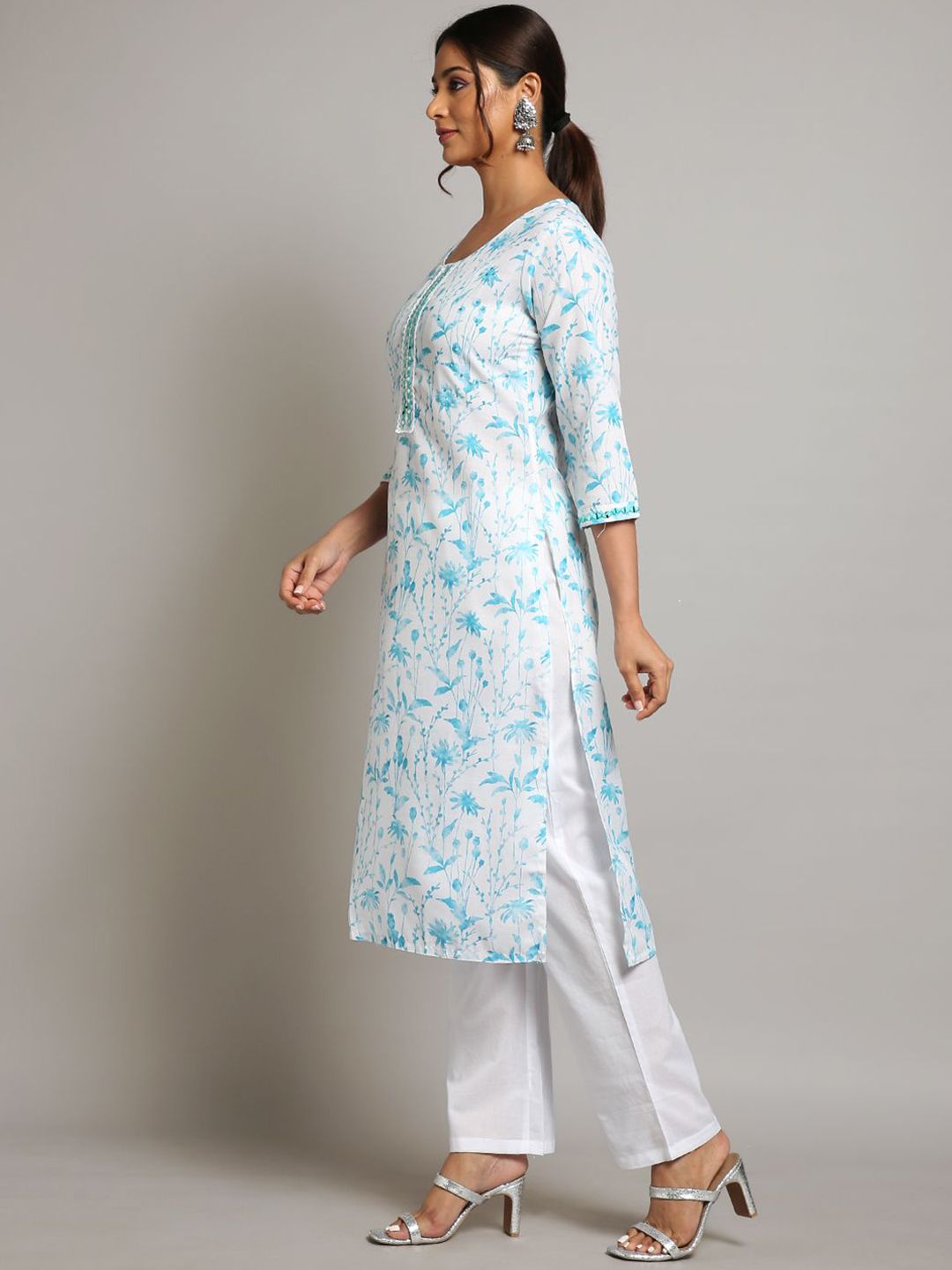 Ode by House of Pataudi Floral Printed Sequinned Linen Kurta with Trousers & Dupatta - Distacart