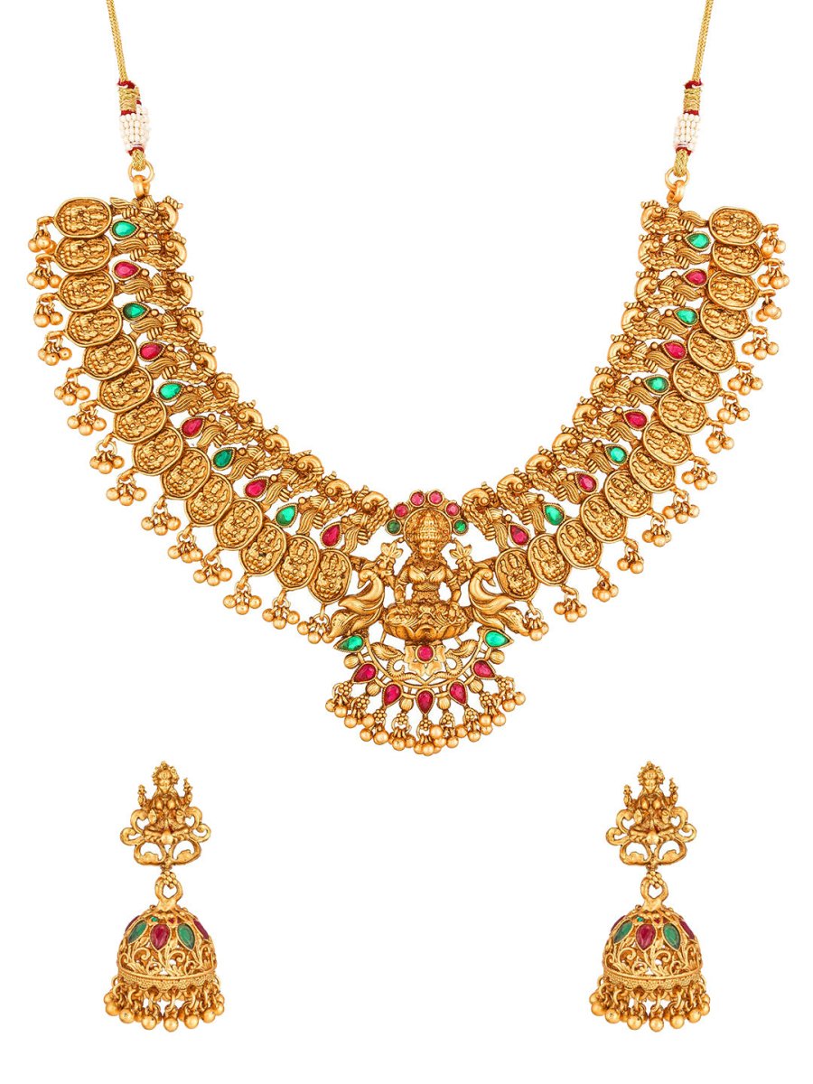 Aadita Gold-Toned Red & Green Stone-Studded Temple Jewelry Set - Distacart