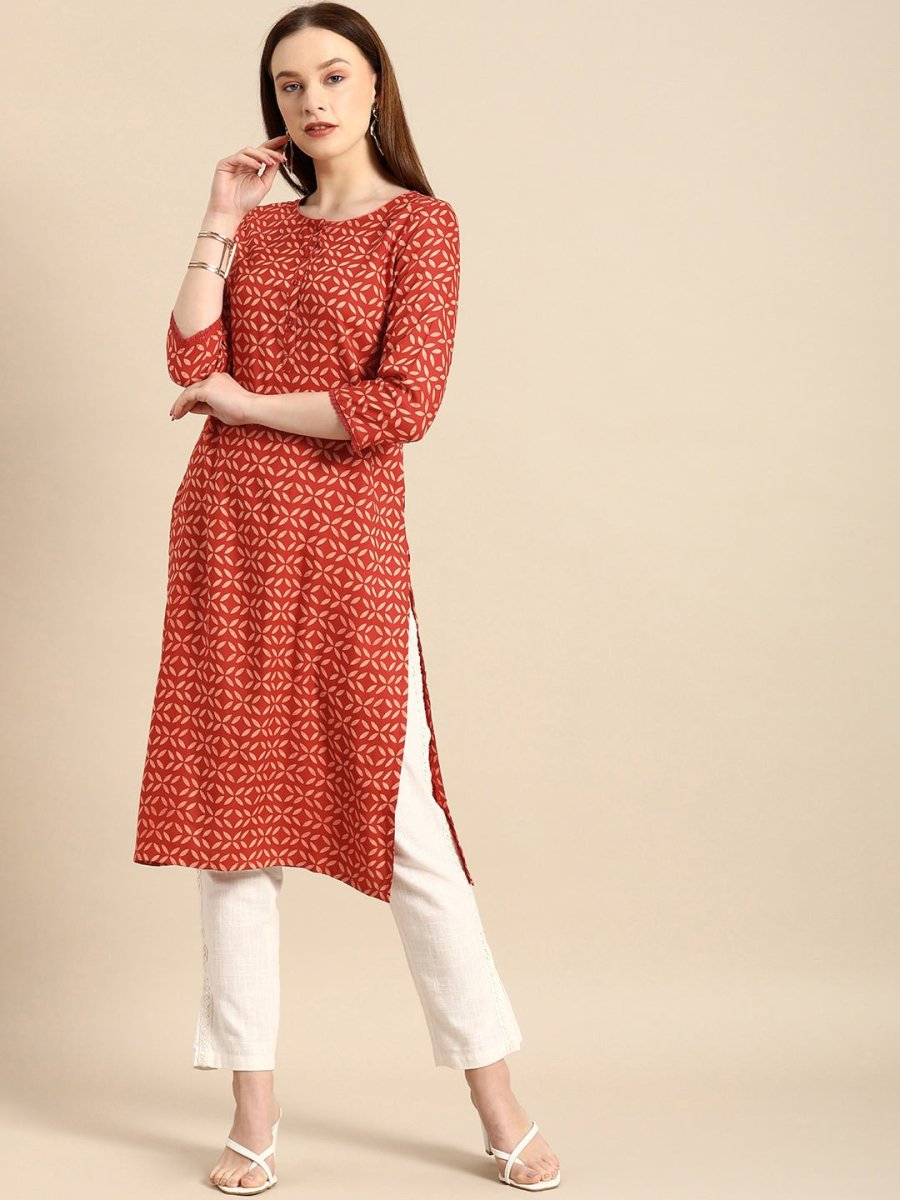 All About You Women Brown Geometric Printed Regular Kurta - Distacart