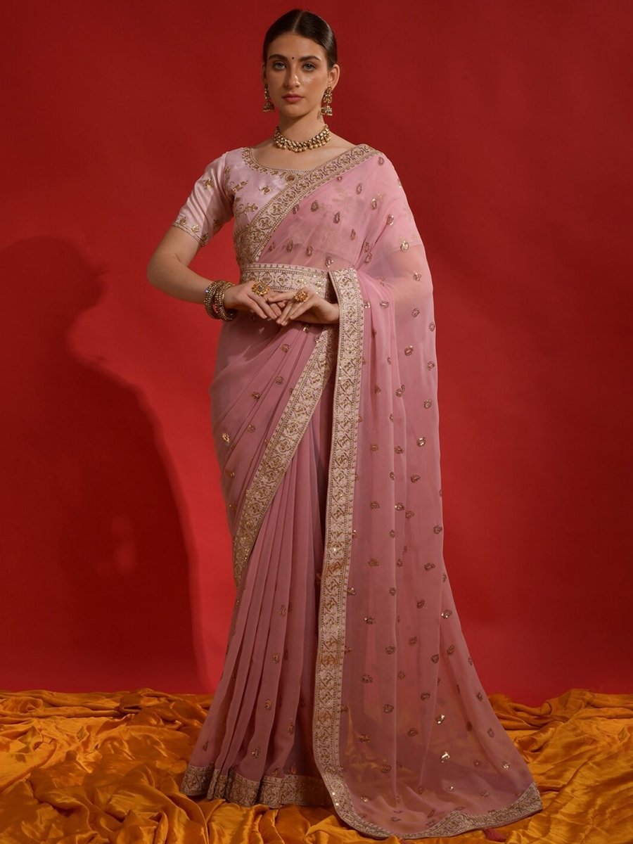 Anouk Pink & Gold-Toned Paisley Sequinned Pure Georgette Saree - Distacart