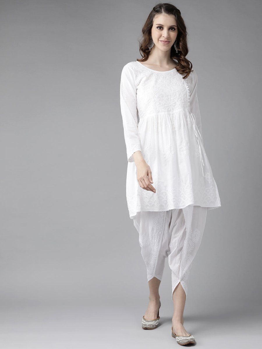 ADA Women White Cotton Sustainable Hand Embroidered Chikankari A-line Handloom Kurta & Dhoti Pants - Distacart