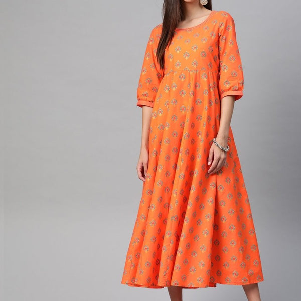 AURELIA Orange & Blue Floral Pure Cotton Ethnic A-Line Midi Dress - Distacart