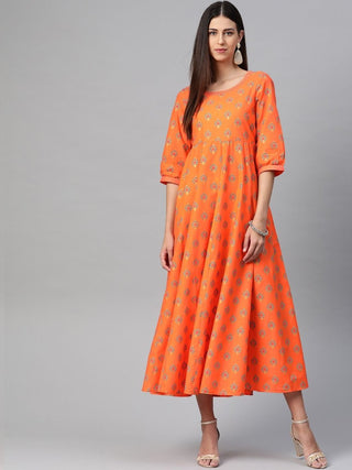 AURELIA Orange & Blue Floral Pure Cotton Ethnic A-Line Midi Dress - Distacart