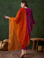 Thumbnail for Sangria Embroidered Velvet Kurta & Trousers with Dupatta