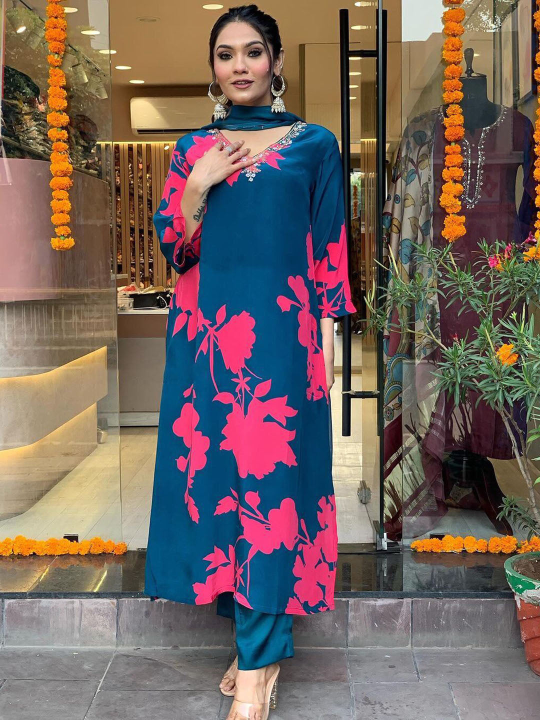 Kalini Floral Printed V-Neck Beads and Stones Kurta With Trousers & Dupatta - Distacart