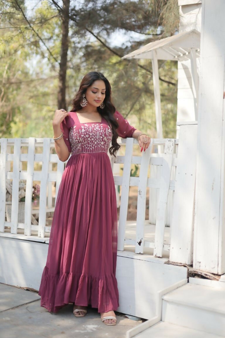 Aastha Fashion Women's Dusty Rose Faux Georgette Sequins Multithreaded Embroidered Gown - Distacart