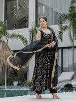 Thumbnail for The52 Black Women's Gorgeous Printed Muslin Fabric Flared Kurta Pant and Dupatta Set - Distacart