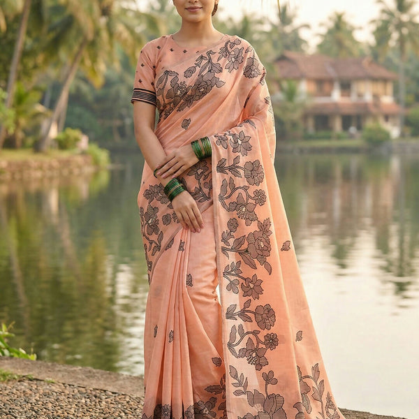 Shree Shyam Fashion Orange Linen Cotton Saree - Distacart