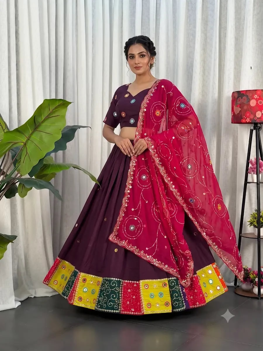 Teeya Creation Women's Traditional Navratri Special Wine Lehenga Choli Set with Patchwork Border