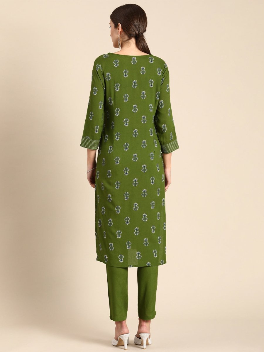 All About You Women Green Floral Printed Regular V-Neck Kurta with Trousers - Distacart