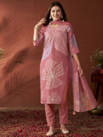 Thumbnail for Anouk Mauve Ethnic Motifs Embroidered Beads & Stones Linen Kurta with Trousers & Dupatta