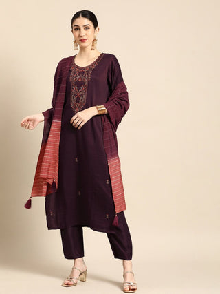 Anouk Women Burgundy Floral Embroidered Kurta with Trousers & With Dupatta - Distacart