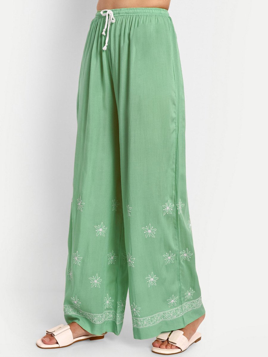 ADA Floral Embroidered Long Sleeves Regular Lucknowi Chikankari Kurta With Palazzos - Distacart