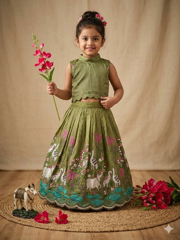 Teeya Creation New Girls Earthy Olive Green Pichwai Embroidered Lehenga Choli Set-Green - Dista