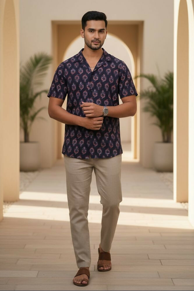 Paisley — Dark Blue Ajrakh Cotton Shirt by Hilo Design - Dista