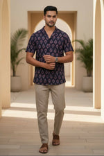 Thumbnail for Paisley — Dark Blue Ajrakh Cotton Shirt by Hilo Design - Dista