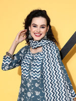 Thumbnail for All About You Blue Floral Printed Gotta Patti Pure Cotton Kurta With Trousers & Dupatta - Distacart