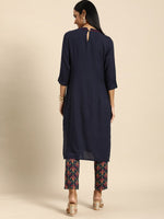 Thumbnail for All About You Women Navy Blue Floral Embroidered Regular Thread Work Kurta with Trousers - Distacart