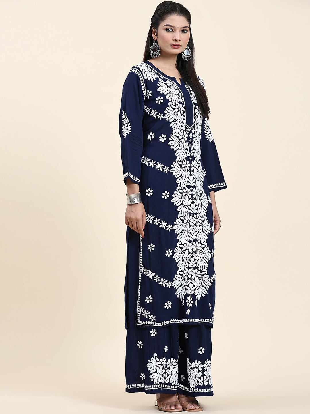 HOUSE OF KARI Ethnic Motifs Embroidered Chikankari Cotton Kurta & Palazzos - Distacart