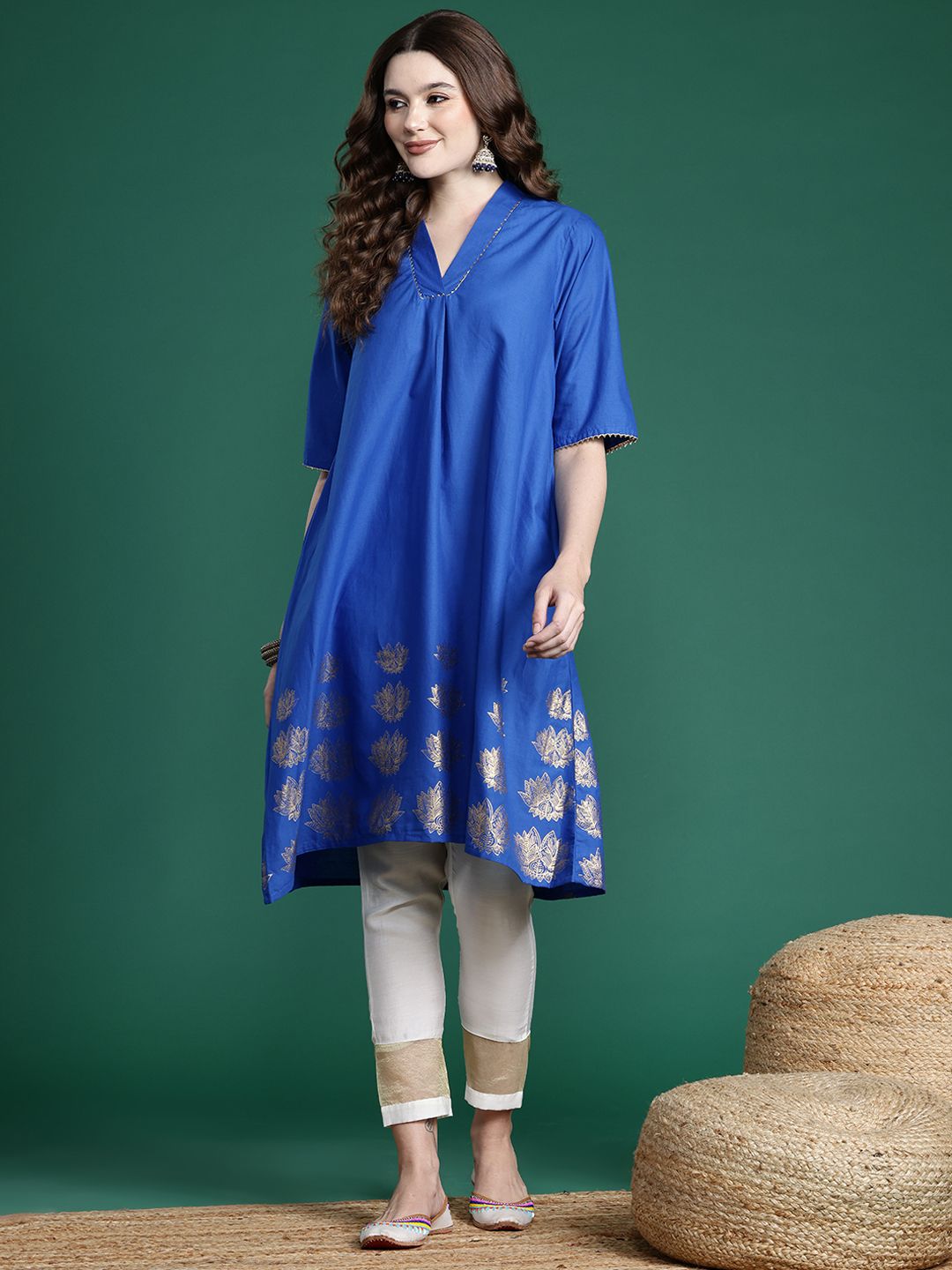 Sangria Floral Foil Printed Gota Patti Detailed A-Line Kurta - Distacart