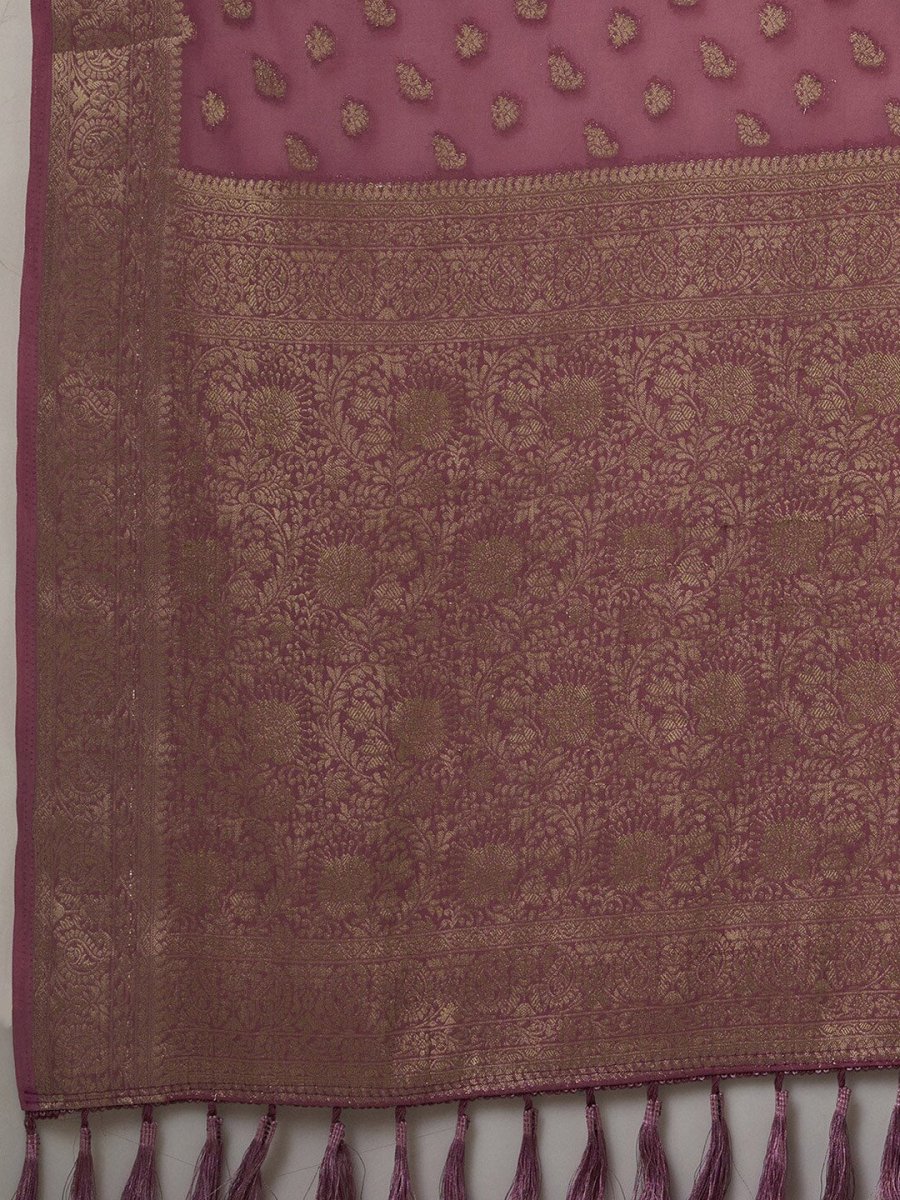 Anouk Mauve & Gold-Toned Woven Design Zari Pure Georgette Kanjeevaram Saree - Distacart