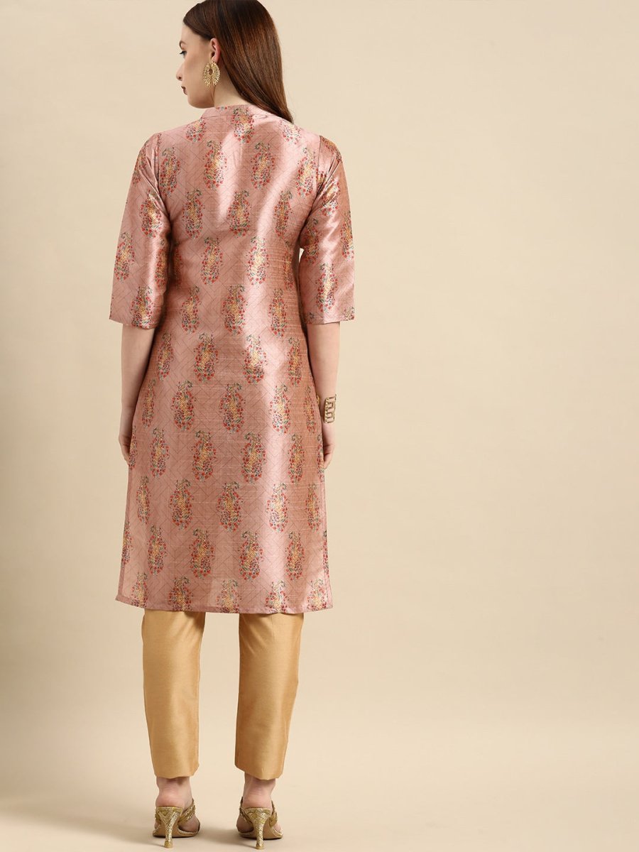 All About You Women Pink Paisley Print Mandarin Collar Pastels Chanderi Silk Blend Kurta - Distacart