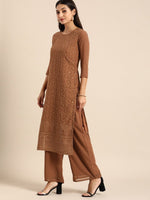 Thumbnail for All About You Women Brown Ethnic Motifs Embroidered Chikankari Kurta with Palazzos - Distacart