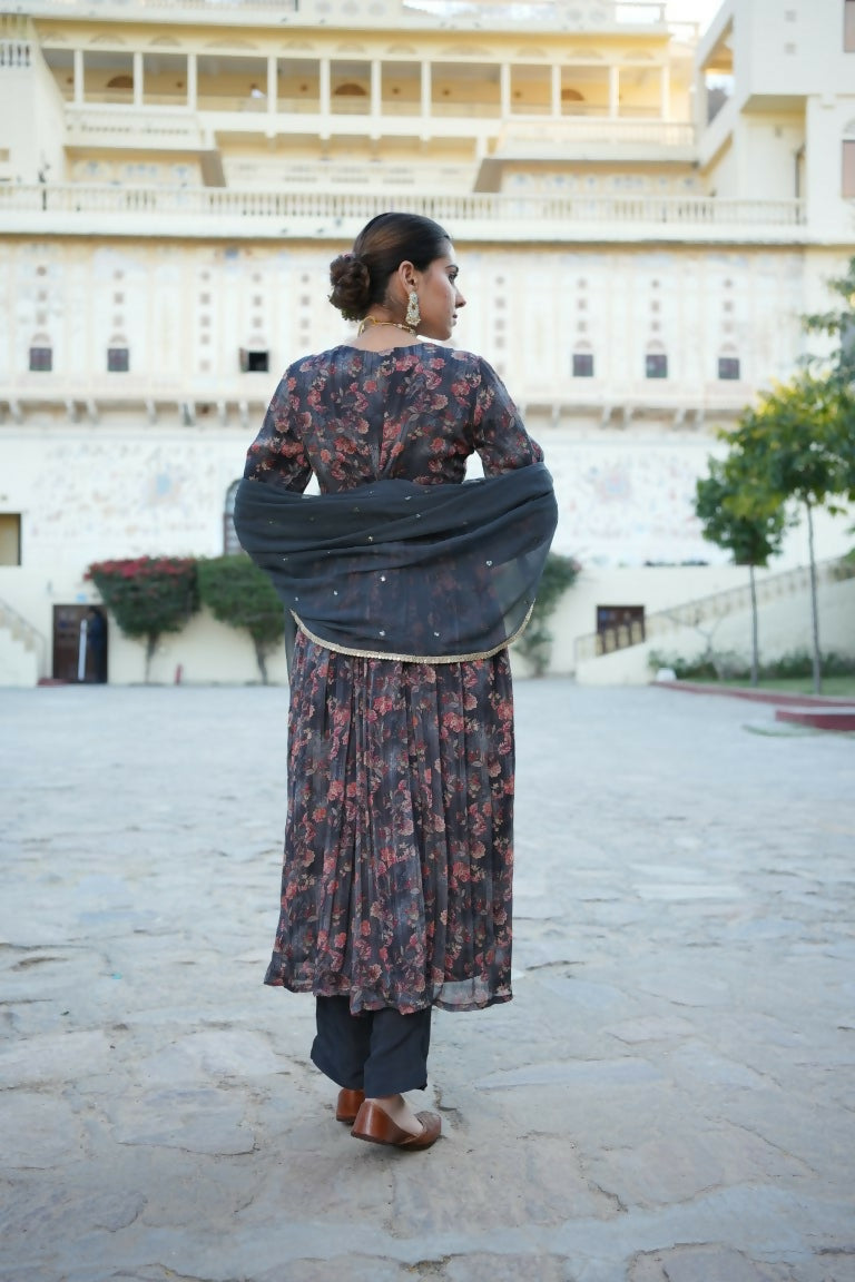 Vaasva Black Chinon Floral Embroidered Angrakha, Pant & Dupatta set - Distacart