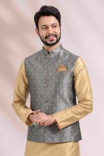 Thumbnail for Raivat Ethnic Jacquard Banarasi Silk Woven Work 3 Pics Jacket Set In Grey Colour - Distacart