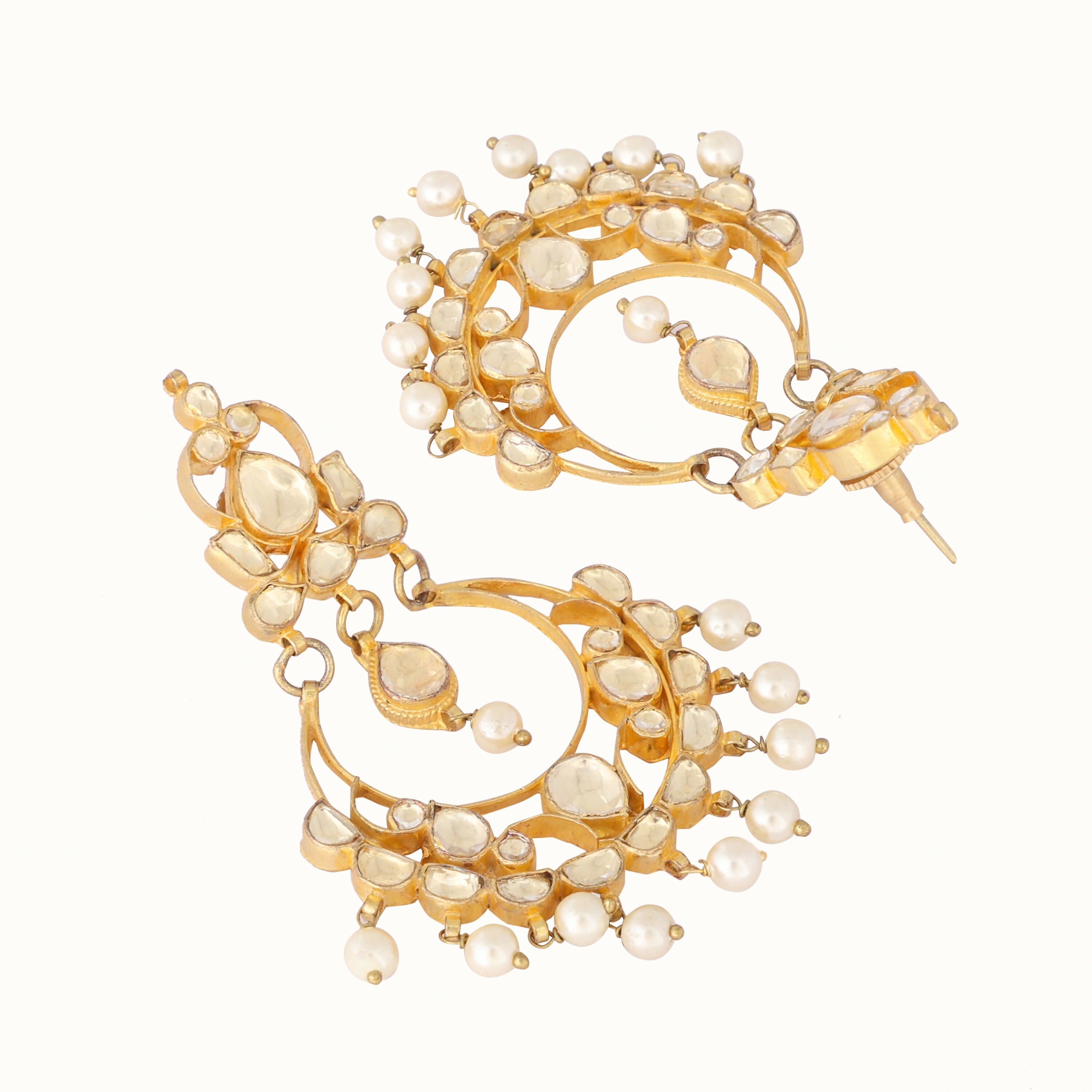 Nuyug 22K Gold Plated Kundan Studded Contemporary Shaped Pearl Drop Chandbalis