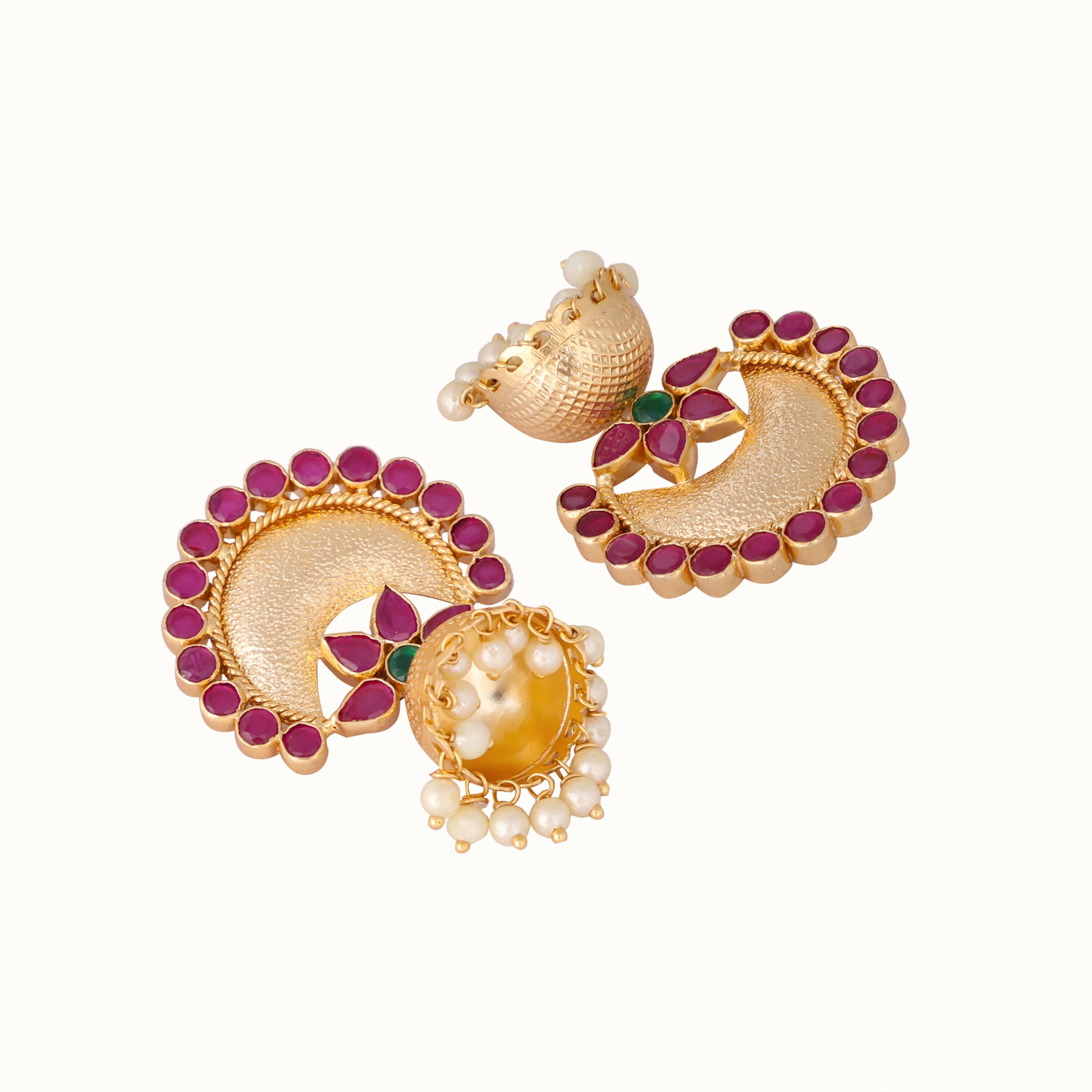 Nuyug 22K Gold Plated Ruby & Pearl Studded Dome Shaped Jhumkas