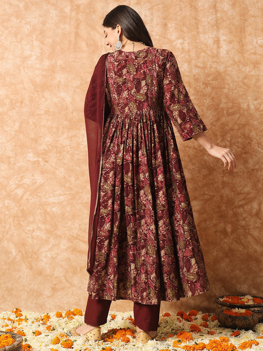 Kalini Floral Printed Empire Thread Work Anarkali Kurta & Trousers With Dupatta - Distacart