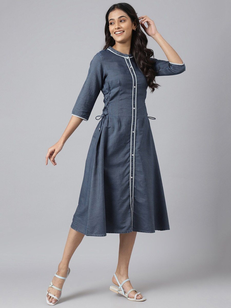 AURELIA Women Blue Solid A-Line Midi Dress