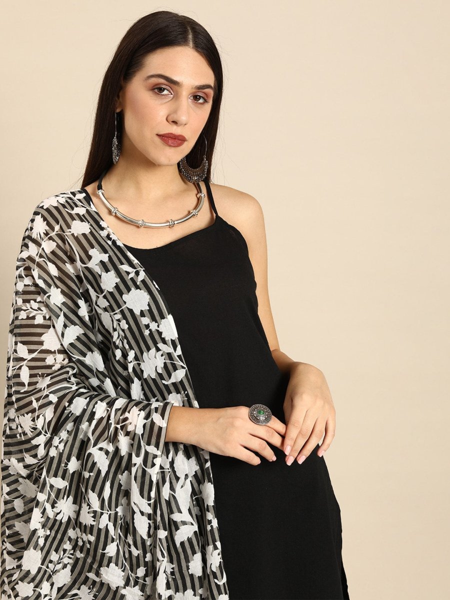 Anouk Women Black Solid Sleeveless Pure Cotton Kurta with Trousers & Dupatta - Distacart