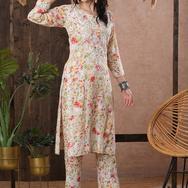 ADA Floral Printed Round Neck Regular Lucknowi Chikankari Kurta with Trousers - Distacart