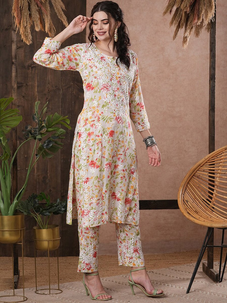 ADA Floral Printed Round Neck Regular Lucknowi Chikankari Kurta with Trousers - Distacart