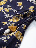 Thumbnail for All About You Women Navy Blue Floral Printed Angrakha Pure Cotton Kurta with Trousers - Distacart