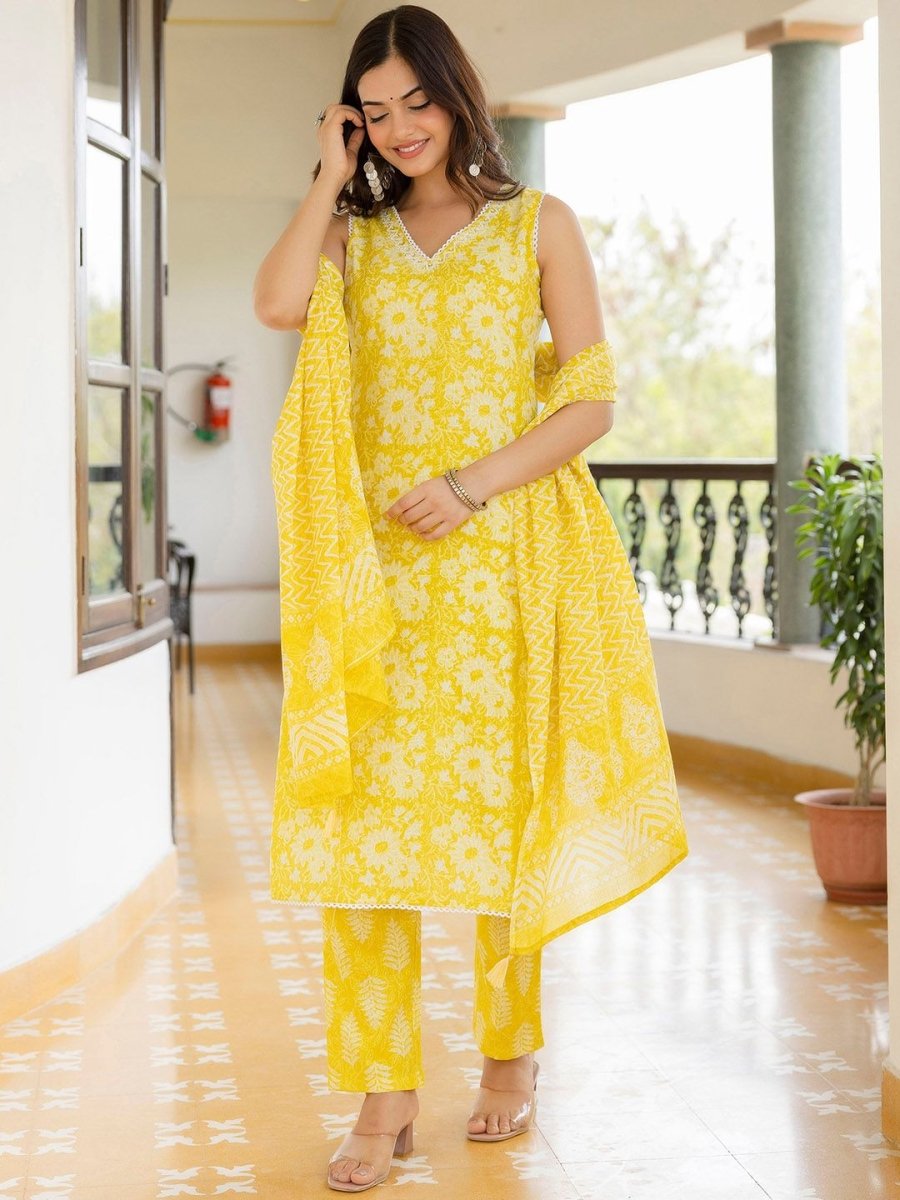 Anouk Floral Printed Regular Aari Work Pure Cotton Straight Kurta With Trousers & Dupatta