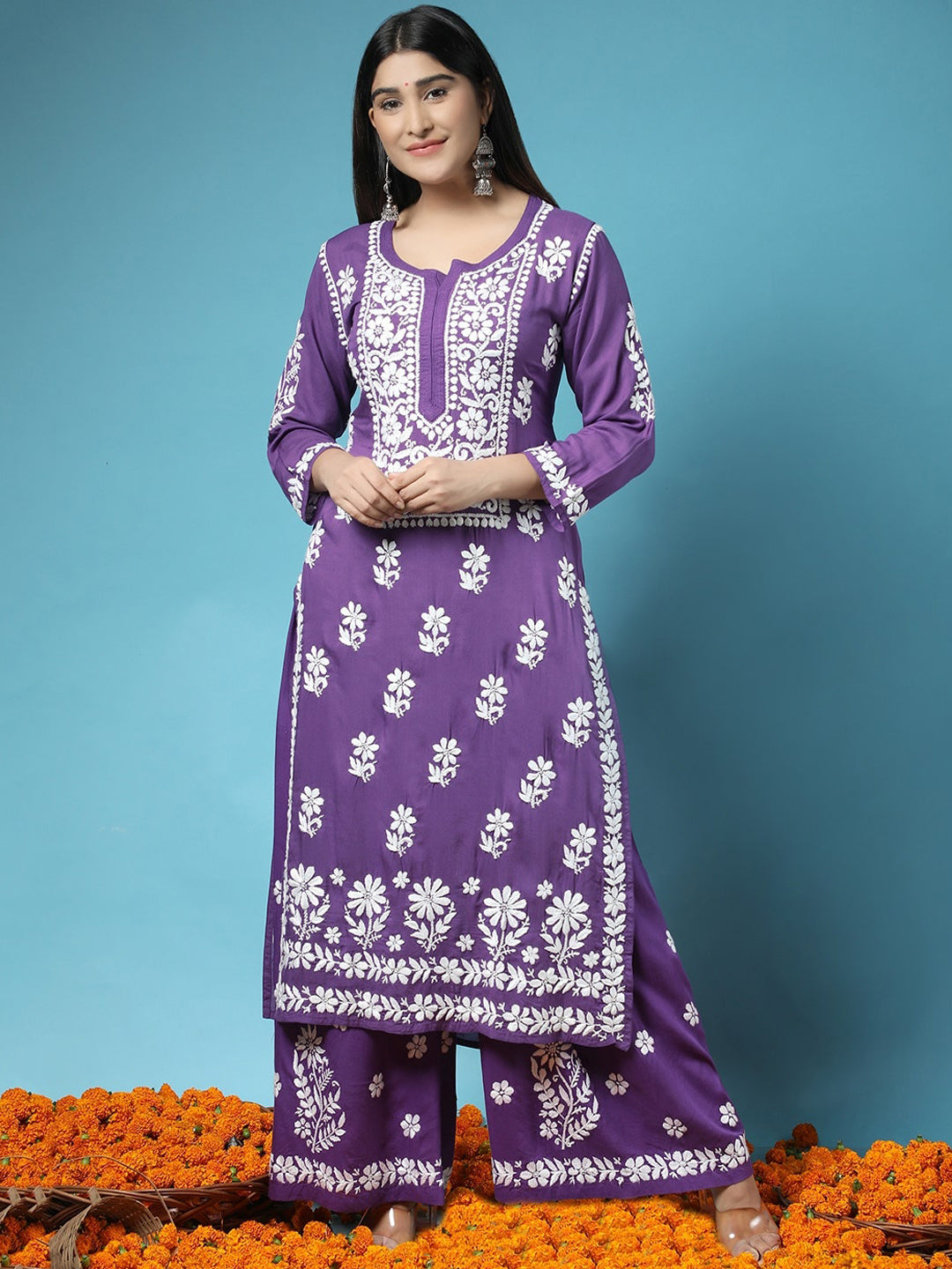 HOUSE OF KARI Women Purple Floral Embroidered Chikankari Pure Cotton Kurta with Palazzos - Distacart