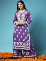Thumbnail for HOUSE OF KARI Women Purple Floral Embroidered Chikankari Pure Cotton Kurta with Palazzos - Distacart