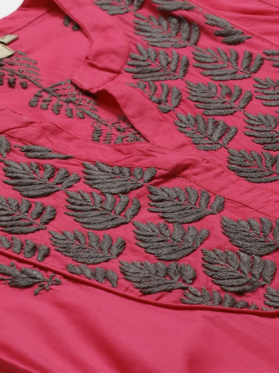 ADA Women Pink & Charcoal Grey Chikankari Embroidered Sustainable Handloom Kurta with Trousers - Distacart