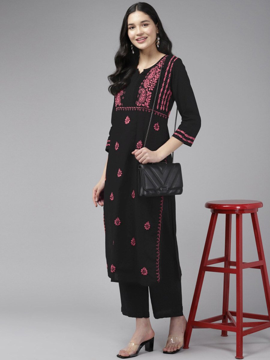 ADA Ethnic Motifs Embroidered Round Neck Chikankari Cotton Kurta - Distacart