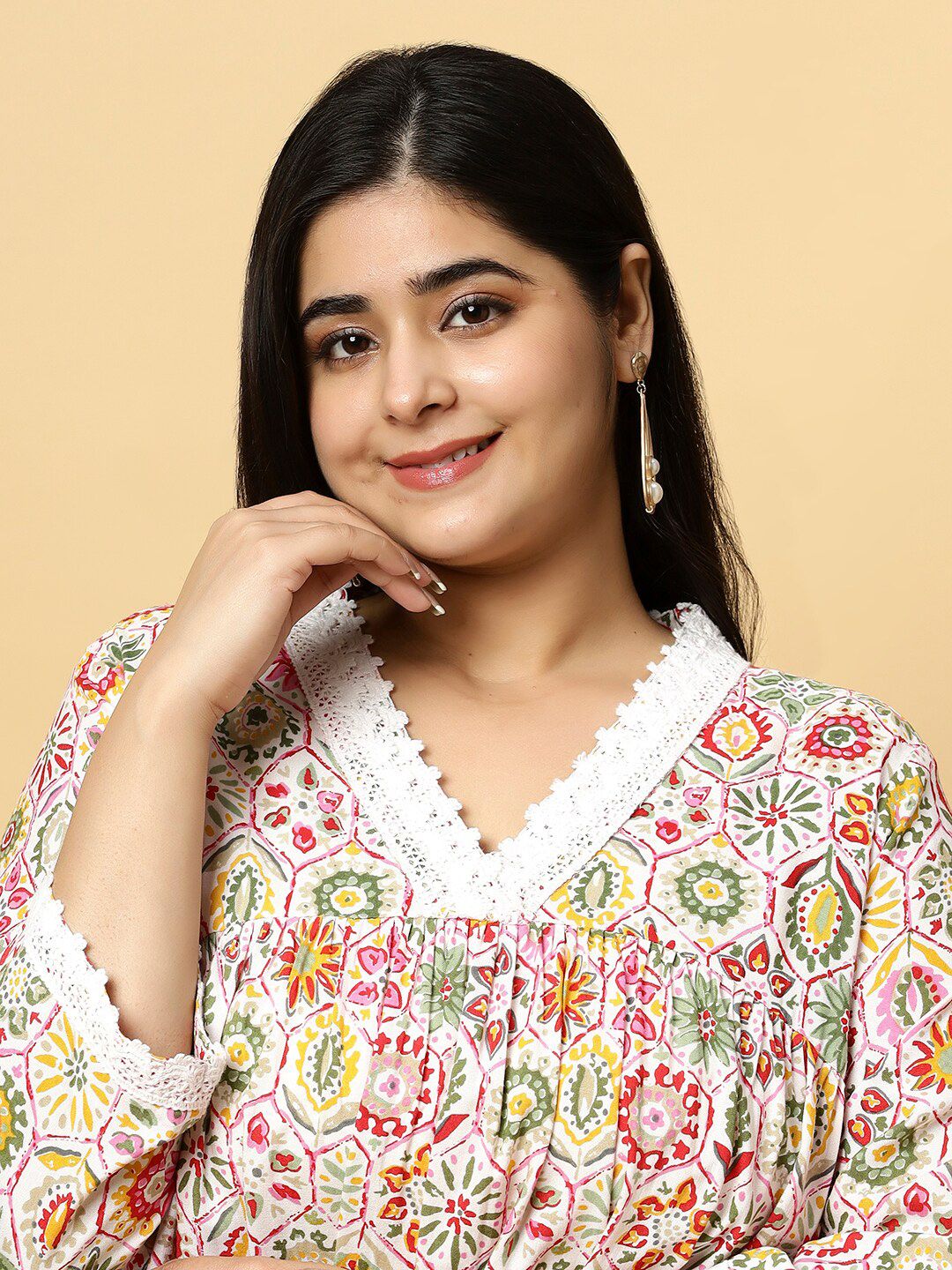 Sztori Plus Size Floral Printed V- Neck Pleated Pure Cotton A-Line Kurta With Lace Detail - Distacart