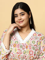 Thumbnail for Sztori Plus Size Floral Printed V- Neck Pleated Pure Cotton A-Line Kurta With Lace Detail