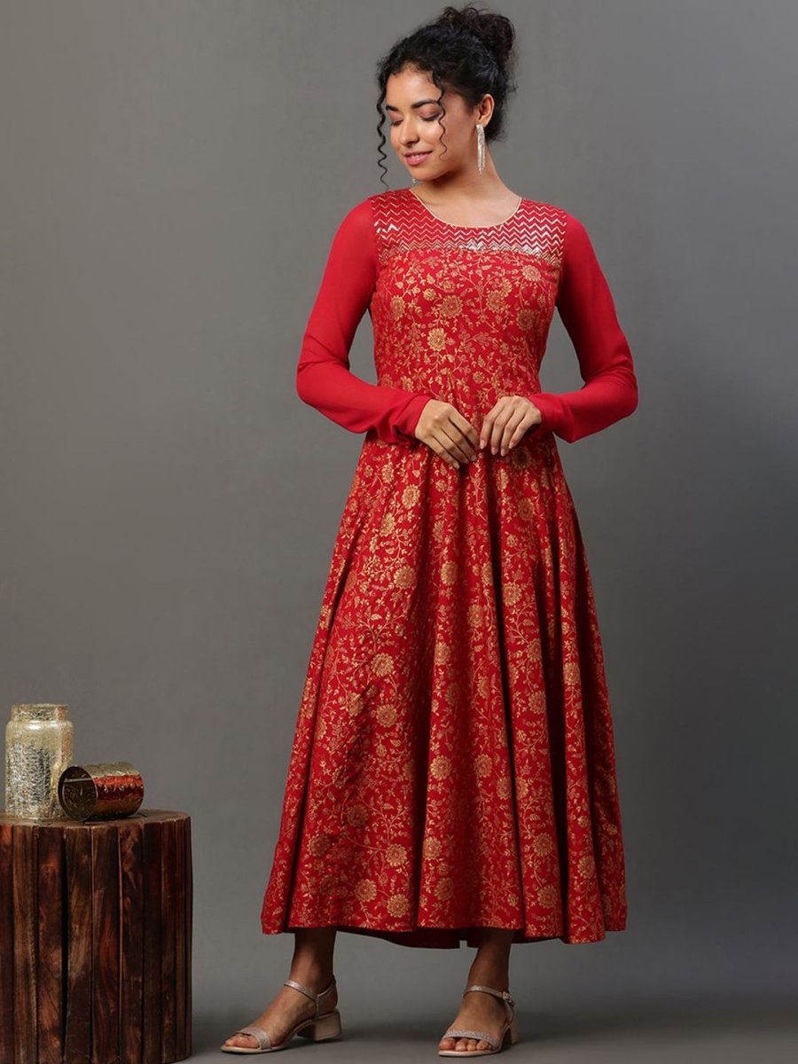 AURELIA Floral Printed Sequinned A-Line Ethnic Dress - Distacart