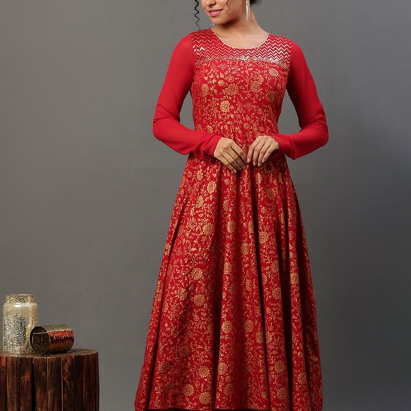 AURELIA Floral Printed Sequinned A-Line Ethnic Dress - Distacart