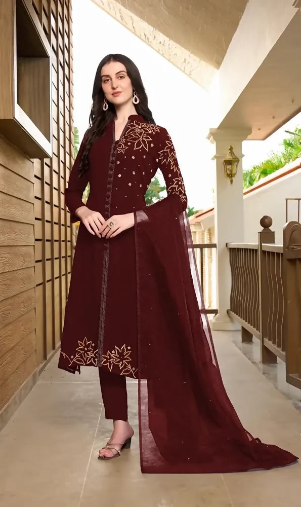 Nikhaar Dark Maroon Embroidered Georgette Straight Cut Readymade Pakistani Suit