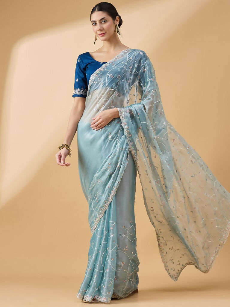 Blue Organza Sequence Embroidered Saree with Unstitched Blouse - Satya - Distacart