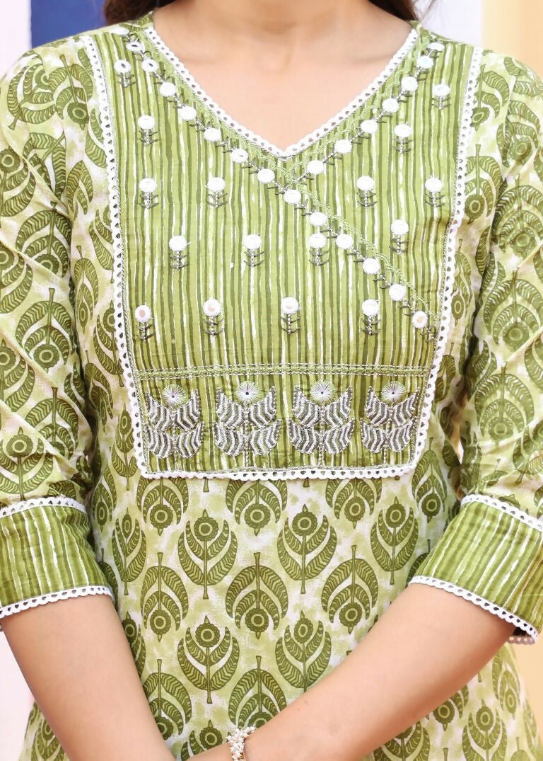 Alvano Printed 3Pcs Straight Kurti with Pant and Dupatta set for women and Girls Rayon (Light Green) - Distacart