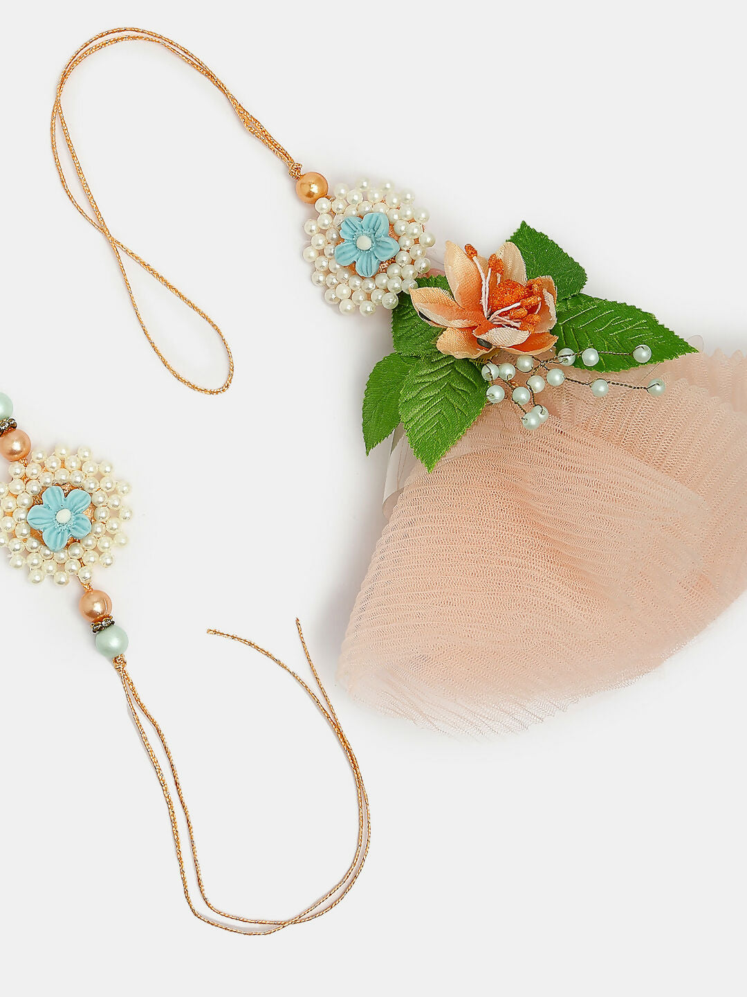 NVR Women & Men Set of 2 Peach Floral Design Pearl Beaded Bhaiya Bhabi Rakhi With Roli Chawal & Chocolate - Distacart